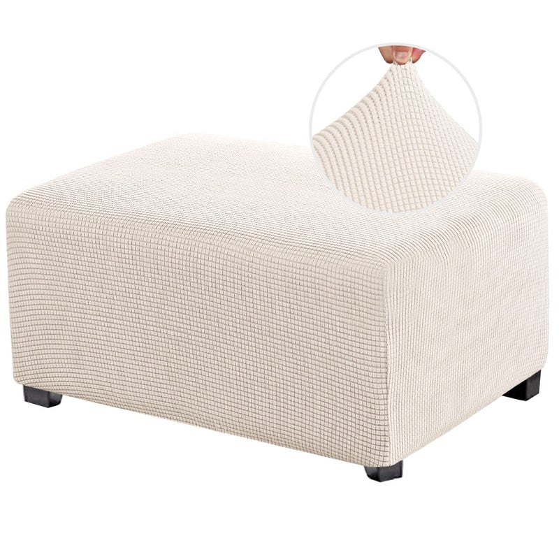 PrinceDeco Stretch Ottoman Cover Slipcovers Rectangle for Living Room Foot Stool Covers to Fit Ottoman Foot Rest, Thick Checked Jacquard Fabric with Elastic Bottom (Oversized Ottoman, Ivory) - Image 1